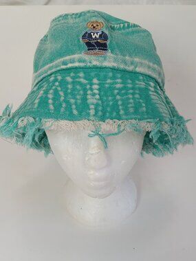 Embroidered Teddy Bear Vintage Bucket Hat Distressed Teal Blue Grunge Indie